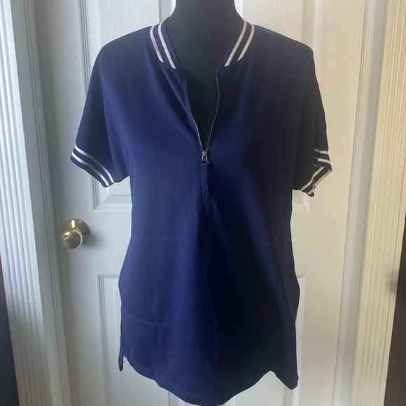 Max Studio Weekend Women’s Shirt Navy Blue White Stripes Shortsleeve Sz L NWT - Picture 1 of 8